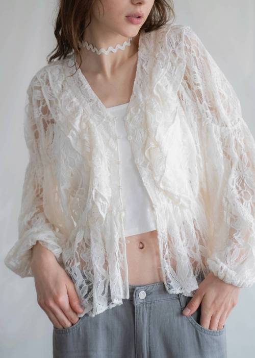 tiered frill neck volume sleeve lace BL