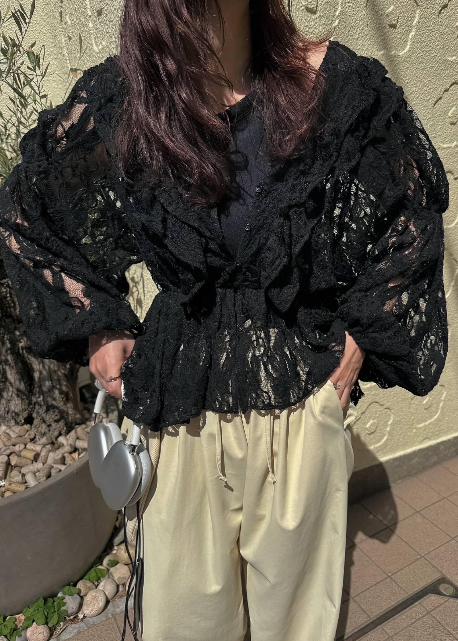 tiered frill neck volume sleeve lace BL