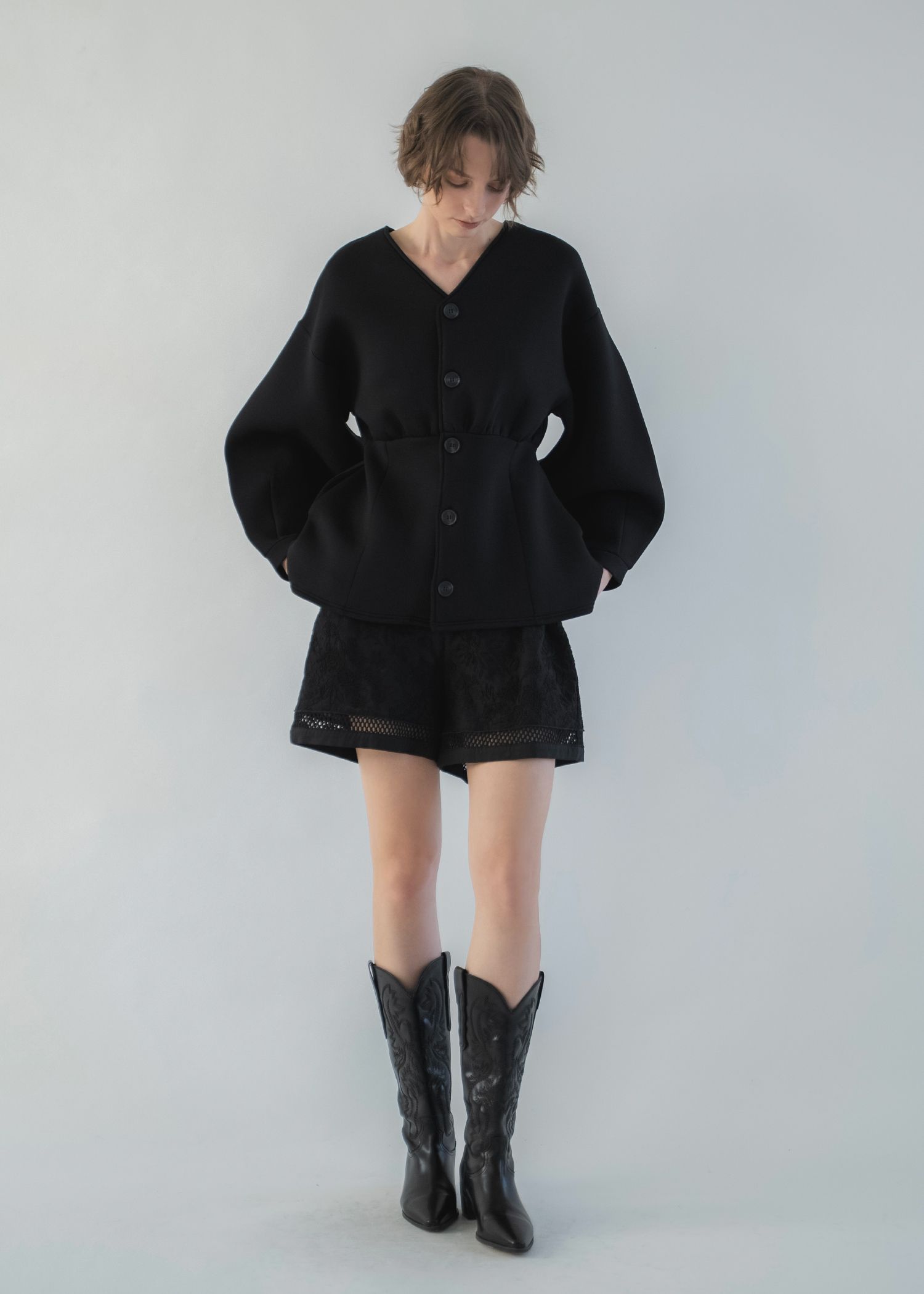 v neck volume sleeve peplum ponte tops