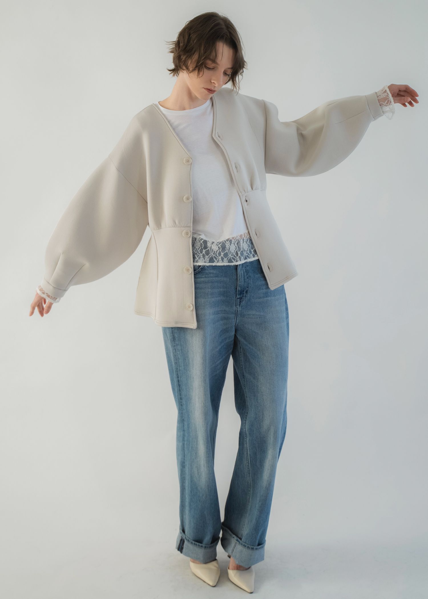 v neck volume sleeve peplum ponte tops