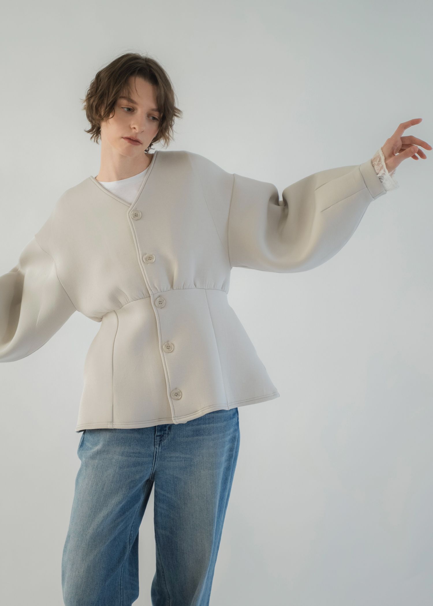 v neck volume sleeve peplum ponte tops