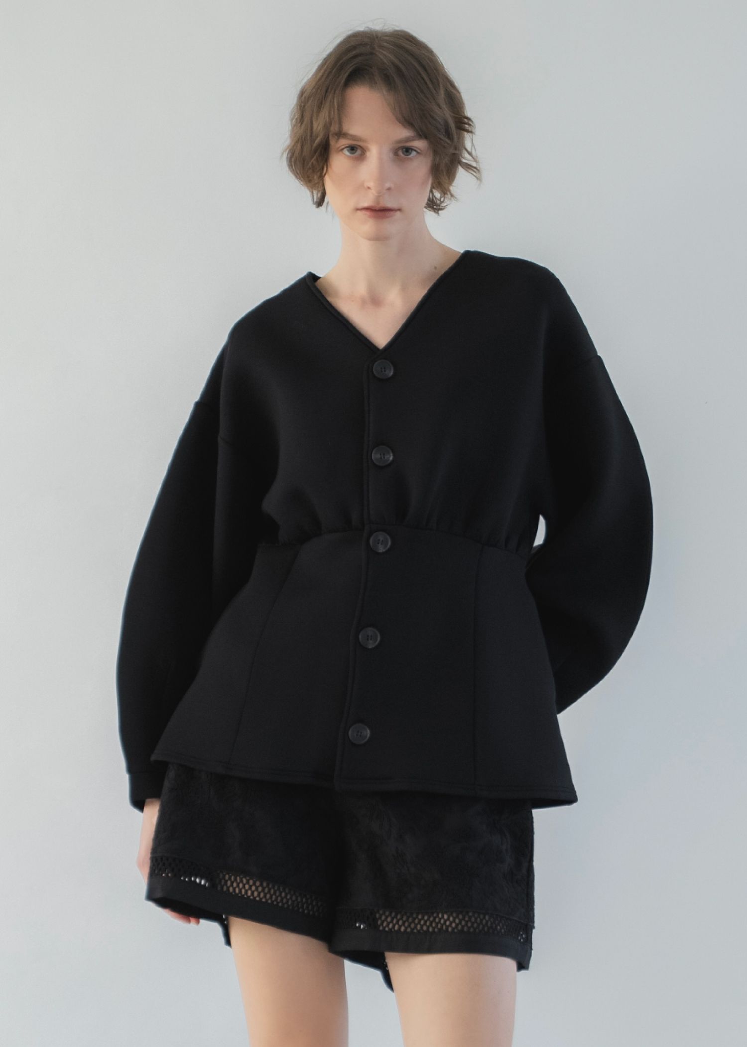 v neck volume sleeve peplum ponte tops