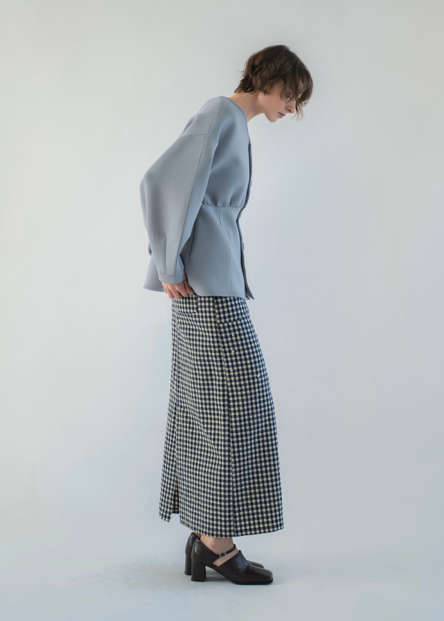 v neck volume sleeve peplum ponte tops