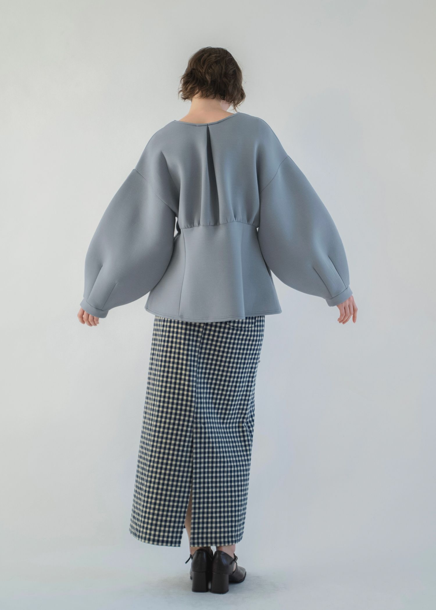 v neck volume sleeve peplum ponte tops