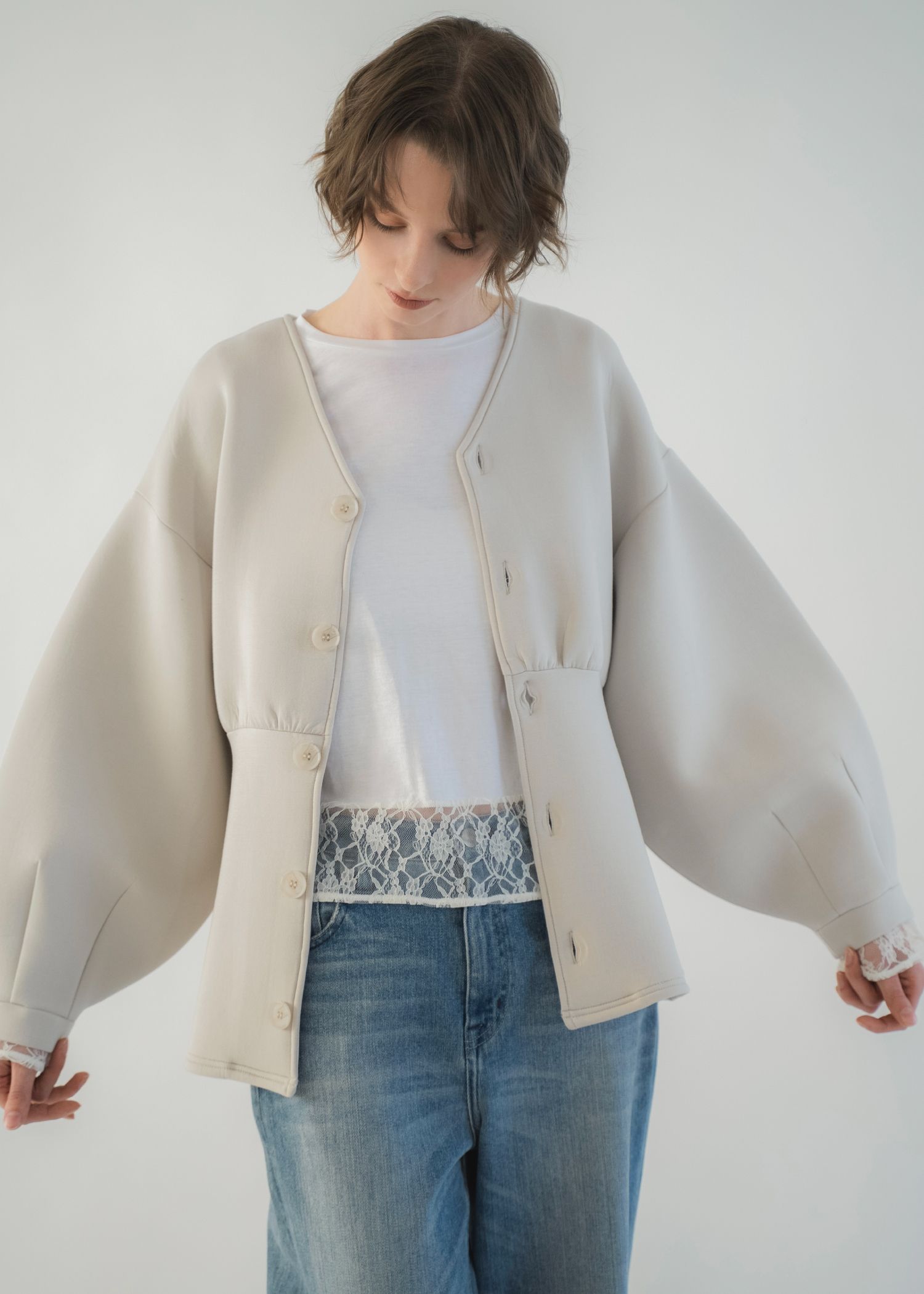 v neck volume sleeve peplum ponte tops