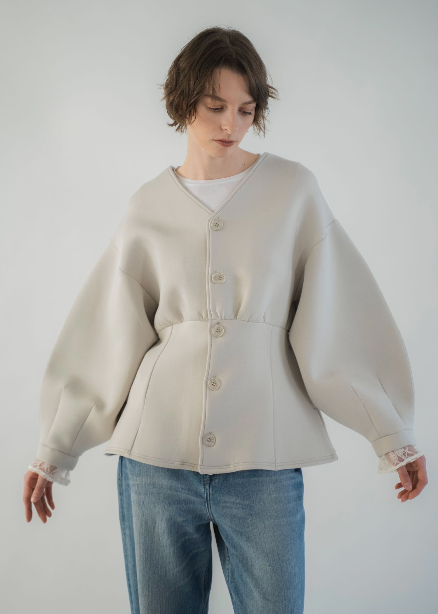 v neck volume sleeve peplum ponte tops