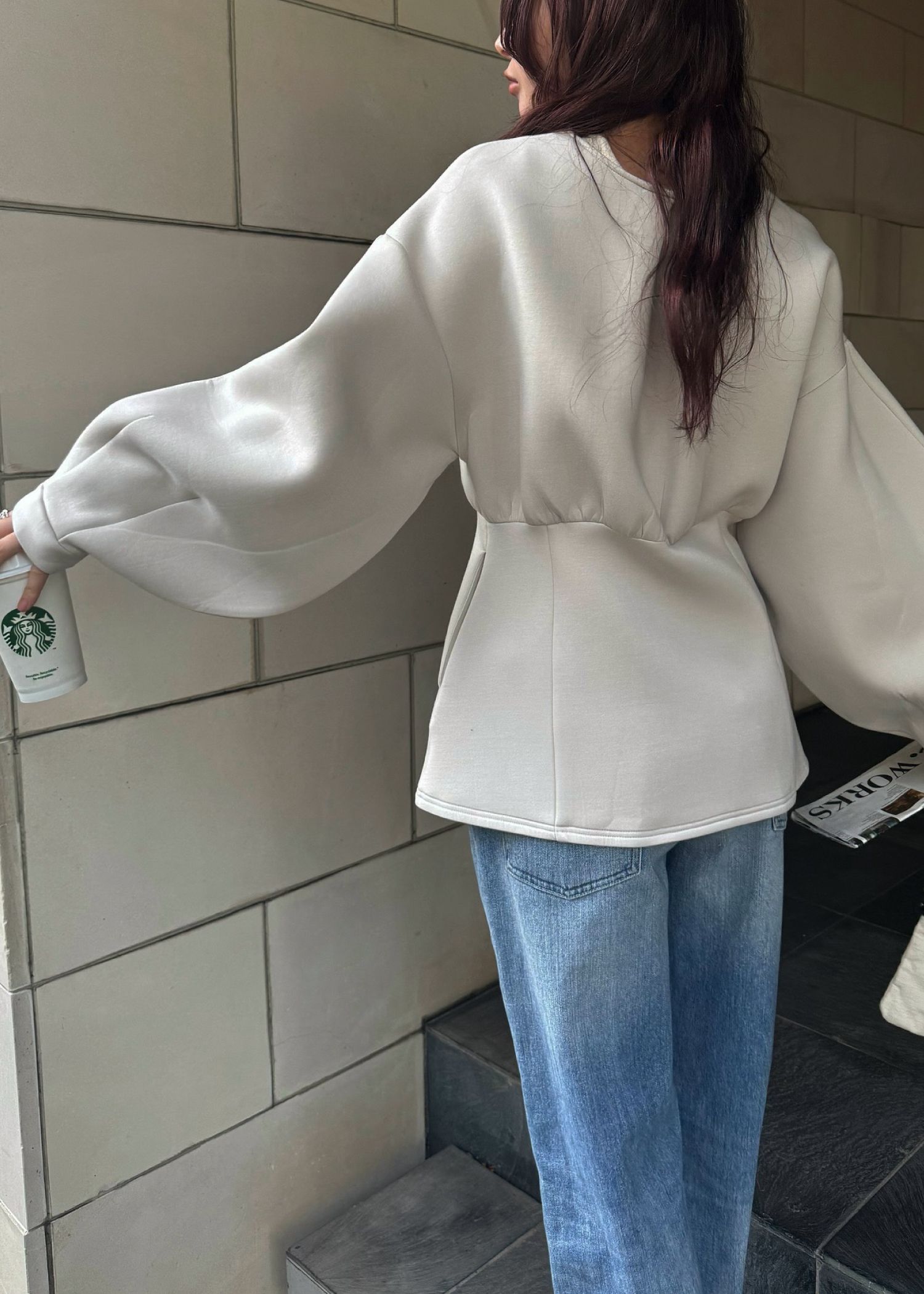 v neck volume sleeve peplum ponte tops