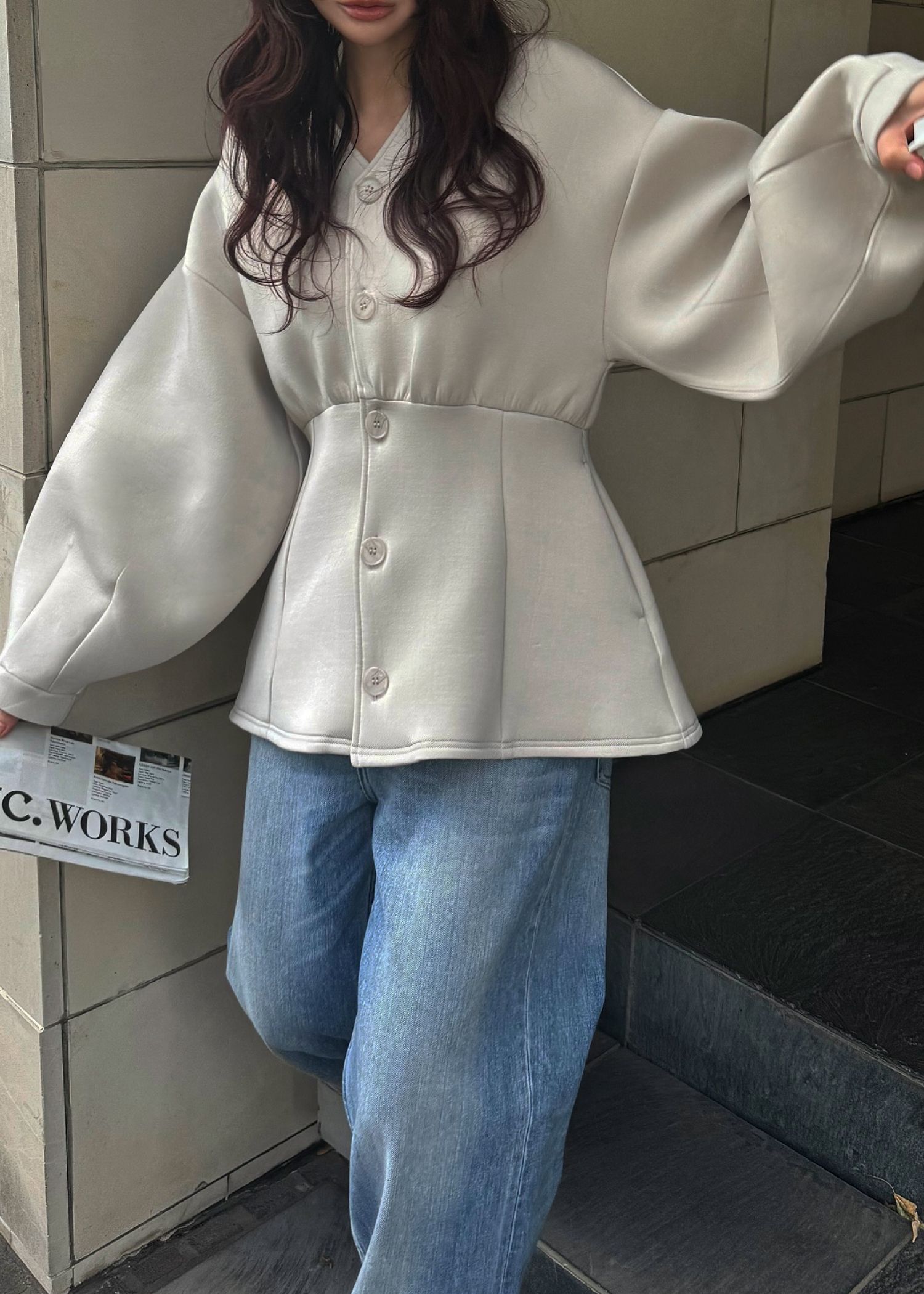 v neck volume sleeve peplum ponte tops