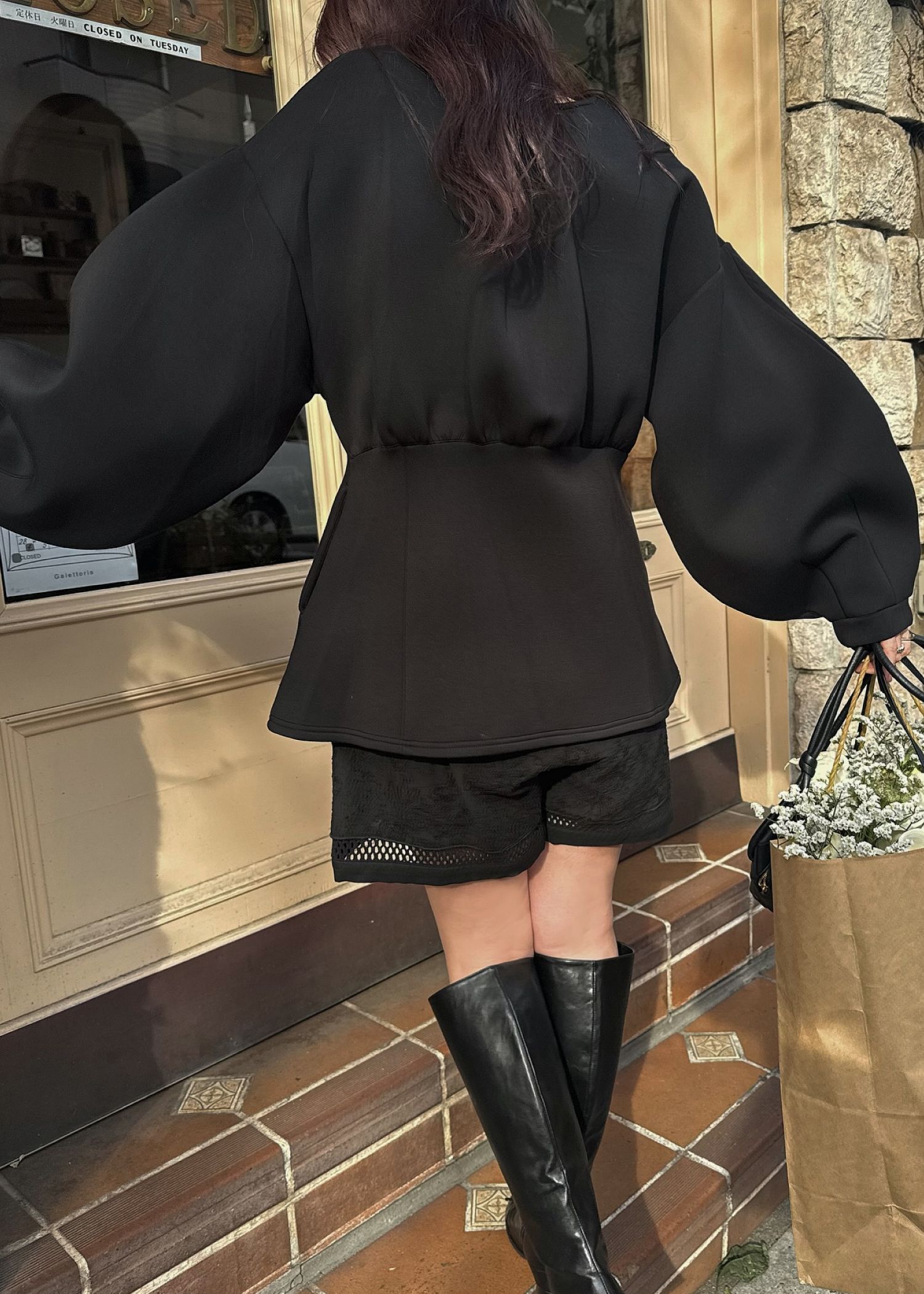 v neck volume sleeve peplum ponte tops
