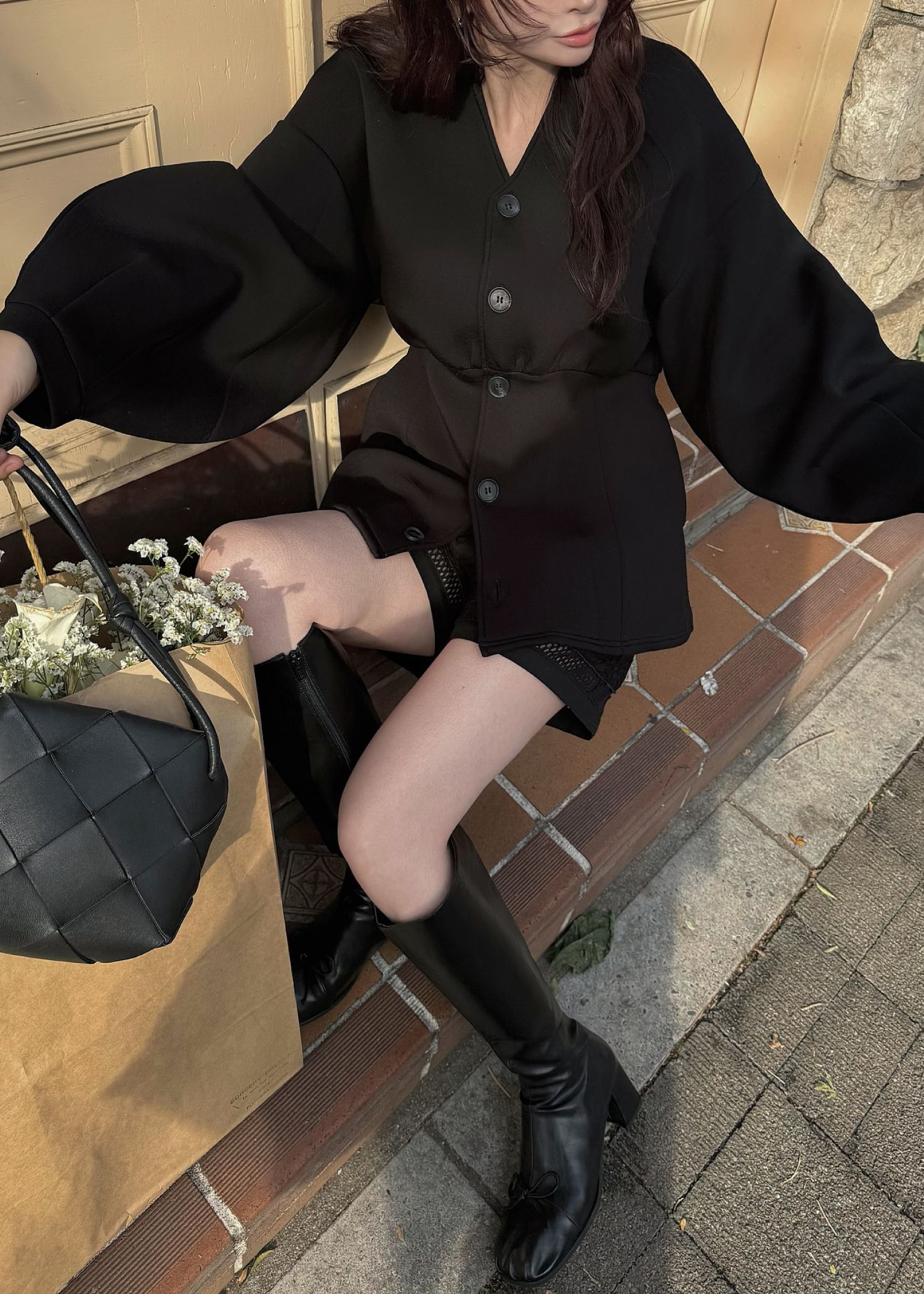 v neck volume sleeve peplum ponte tops