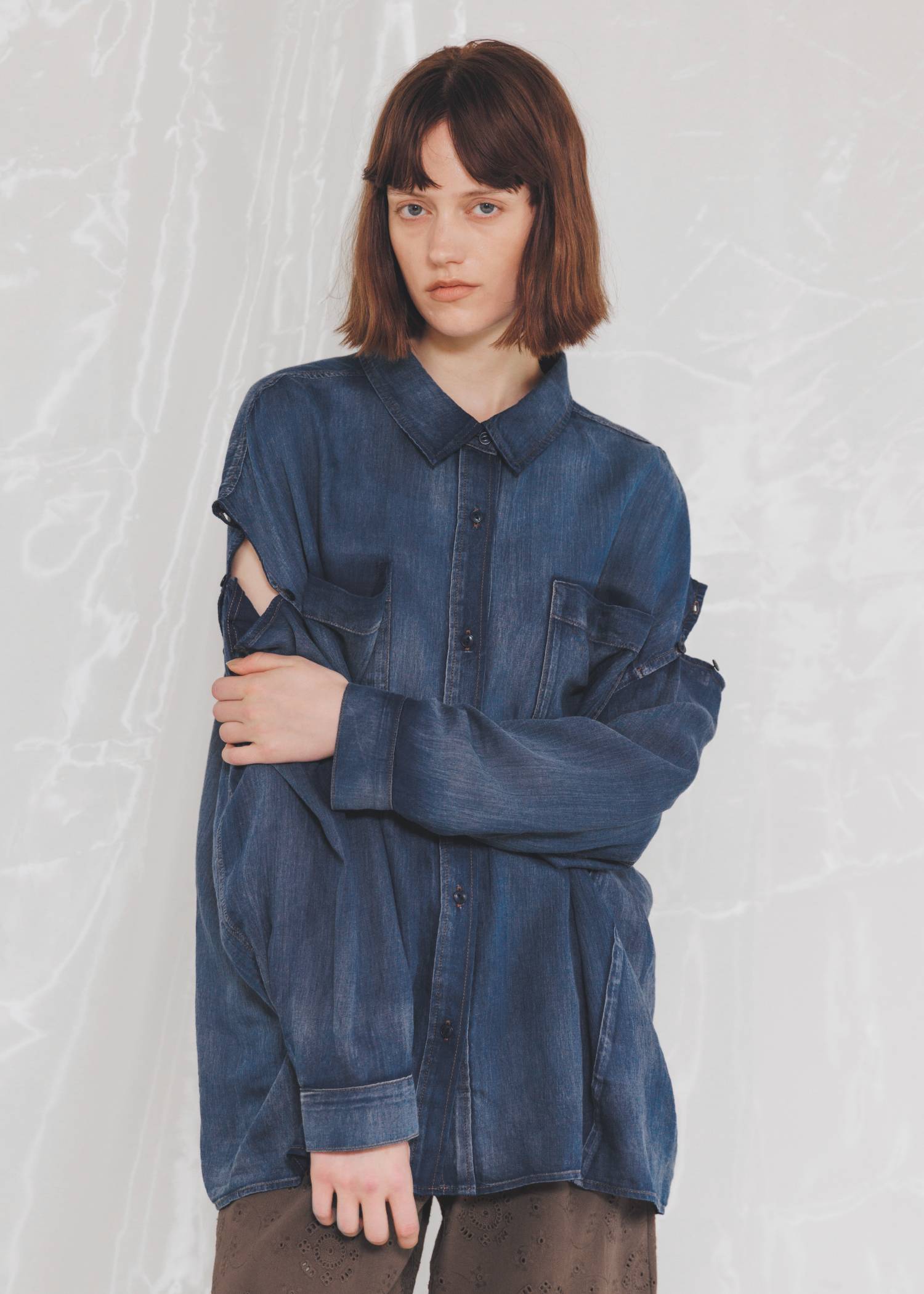 indigo gauze open shoulder oversize SH