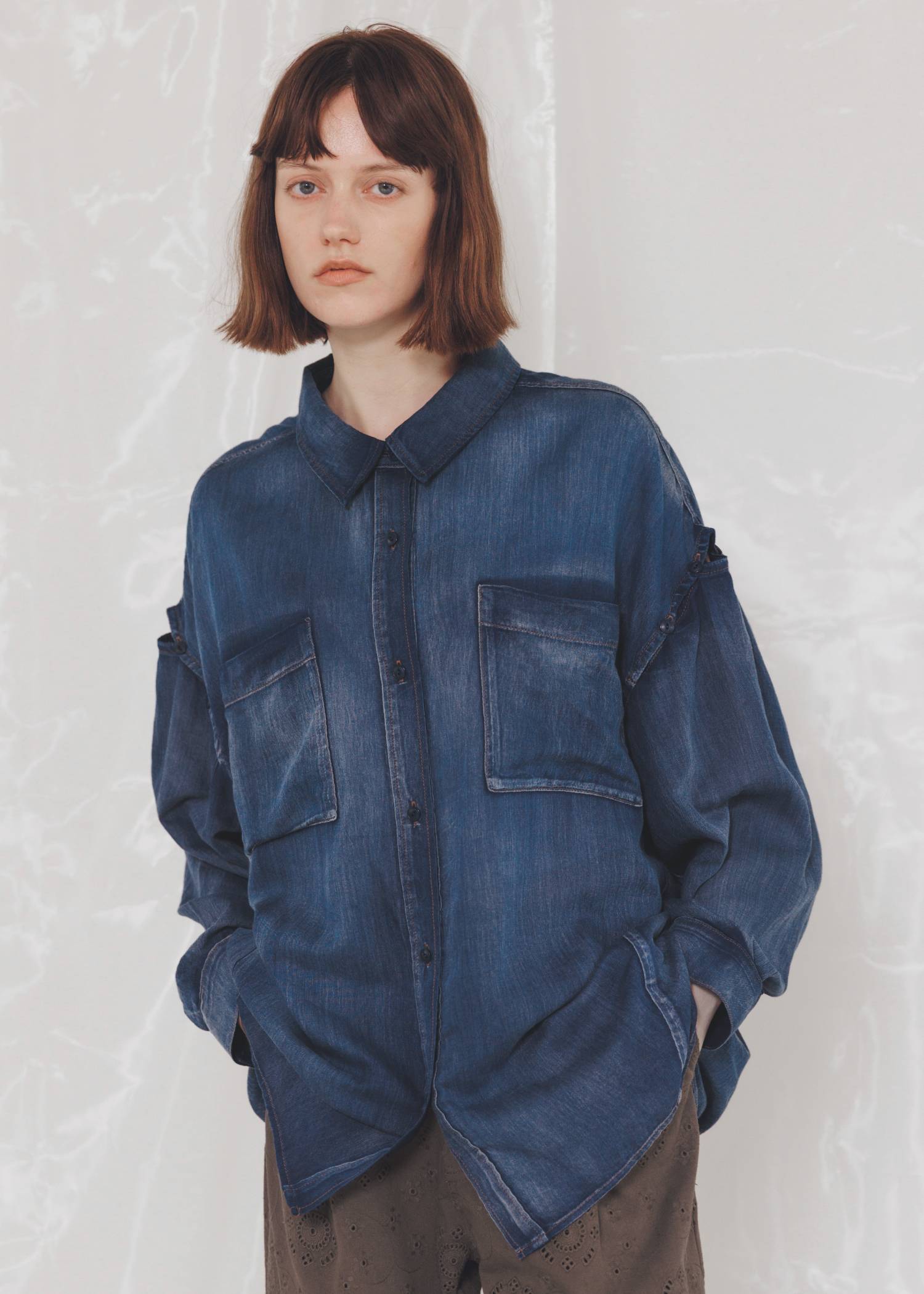 indigo gauze open shoulder oversize SH