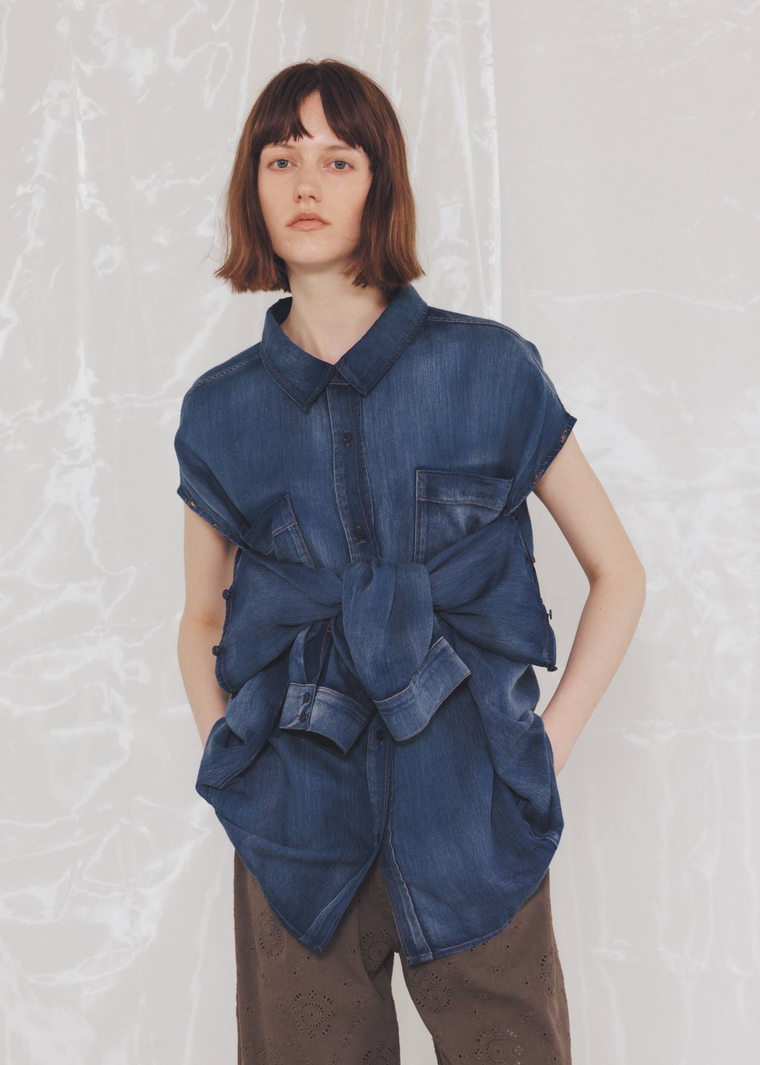 indigo gauze open shoulder oversize SH
