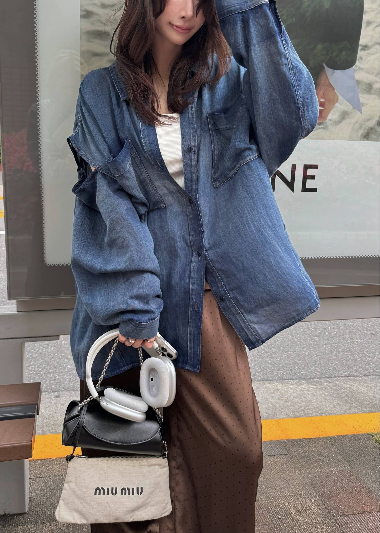 indigo gauze open shoulder oversize SH