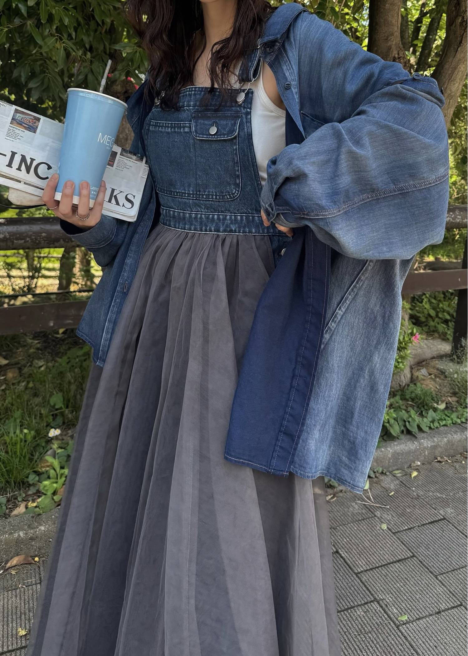 indigo gauze open shoulder oversize SH