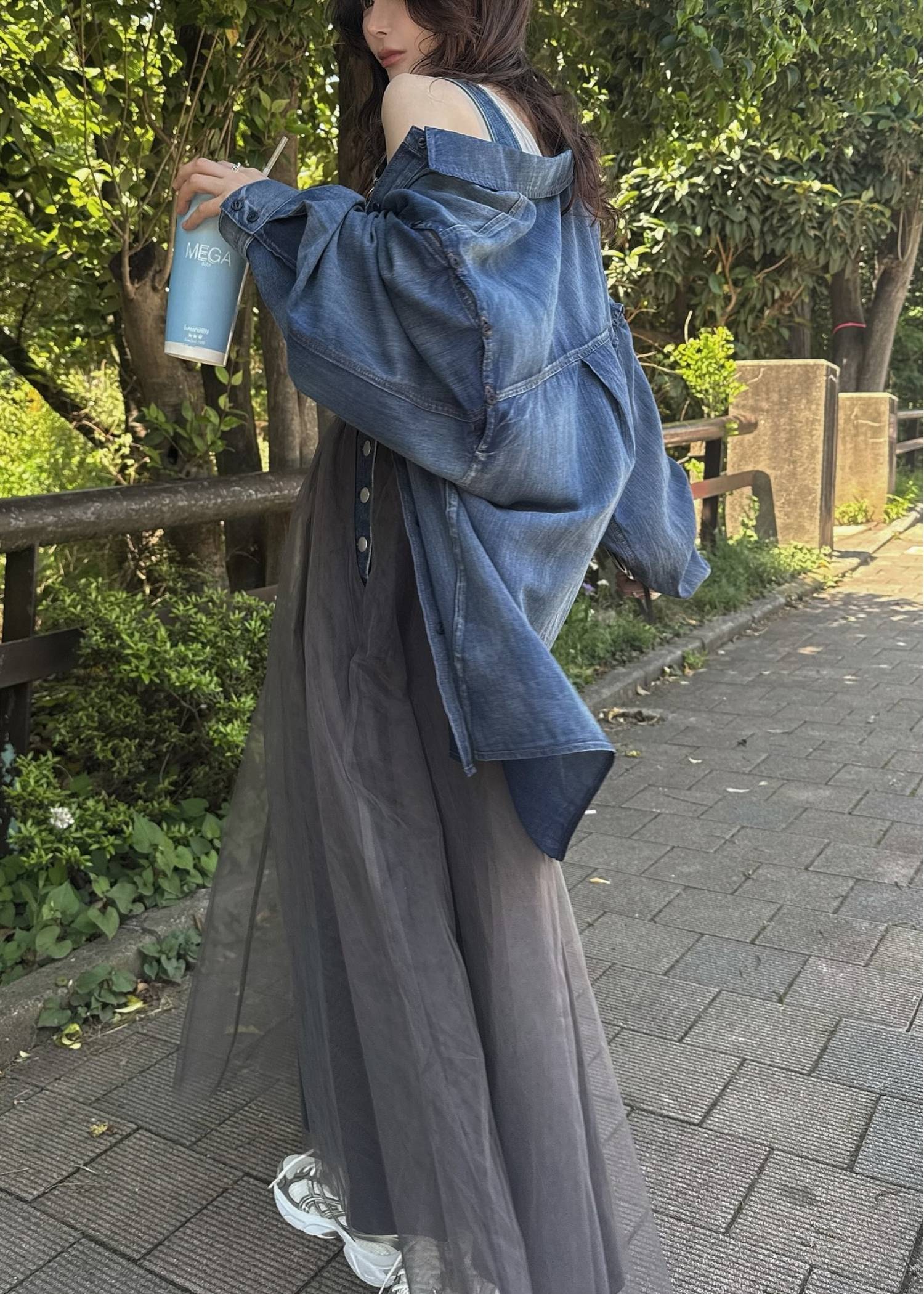 indigo gauze open shoulder oversize SH