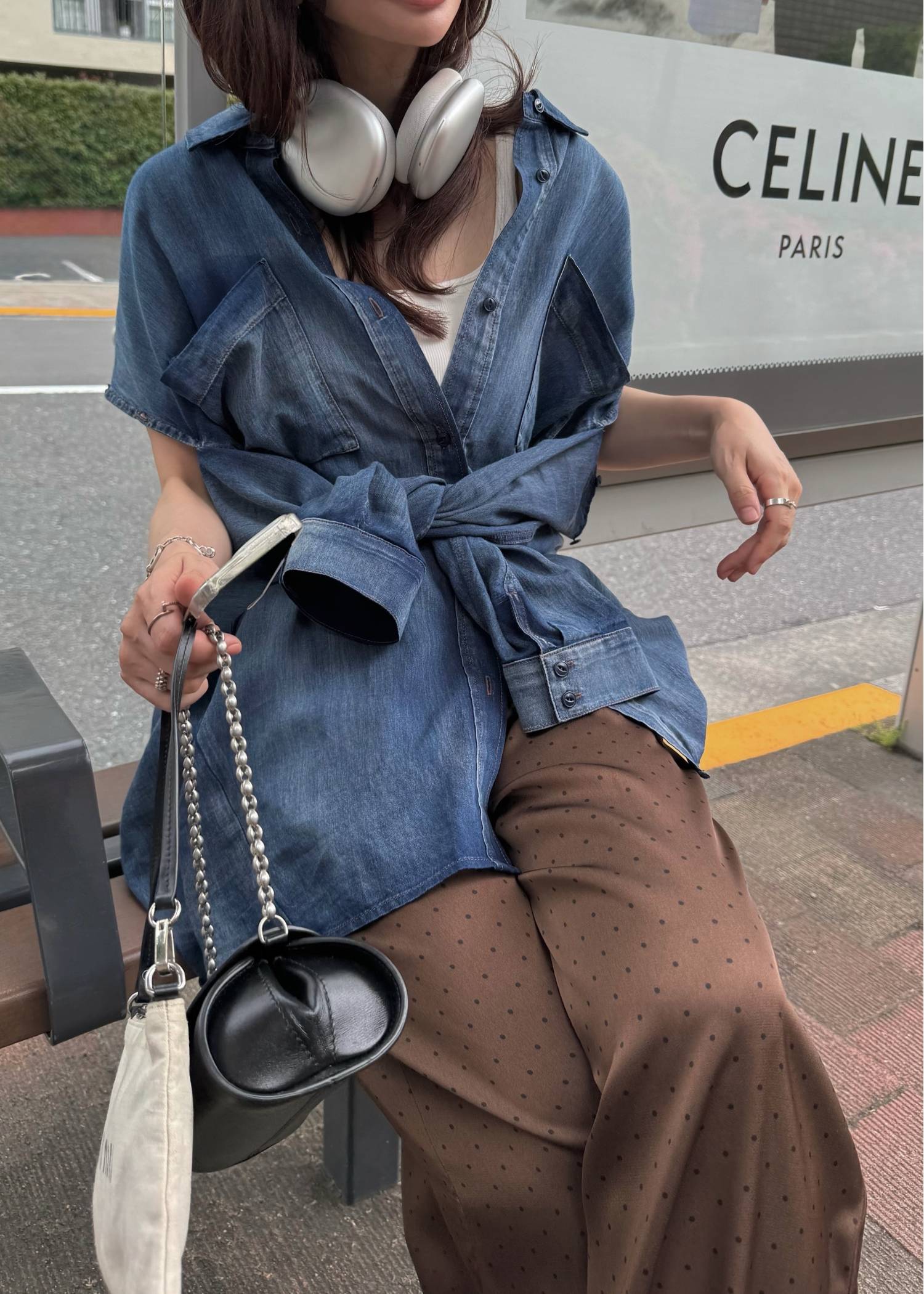 indigo gauze open shoulder oversize SH
