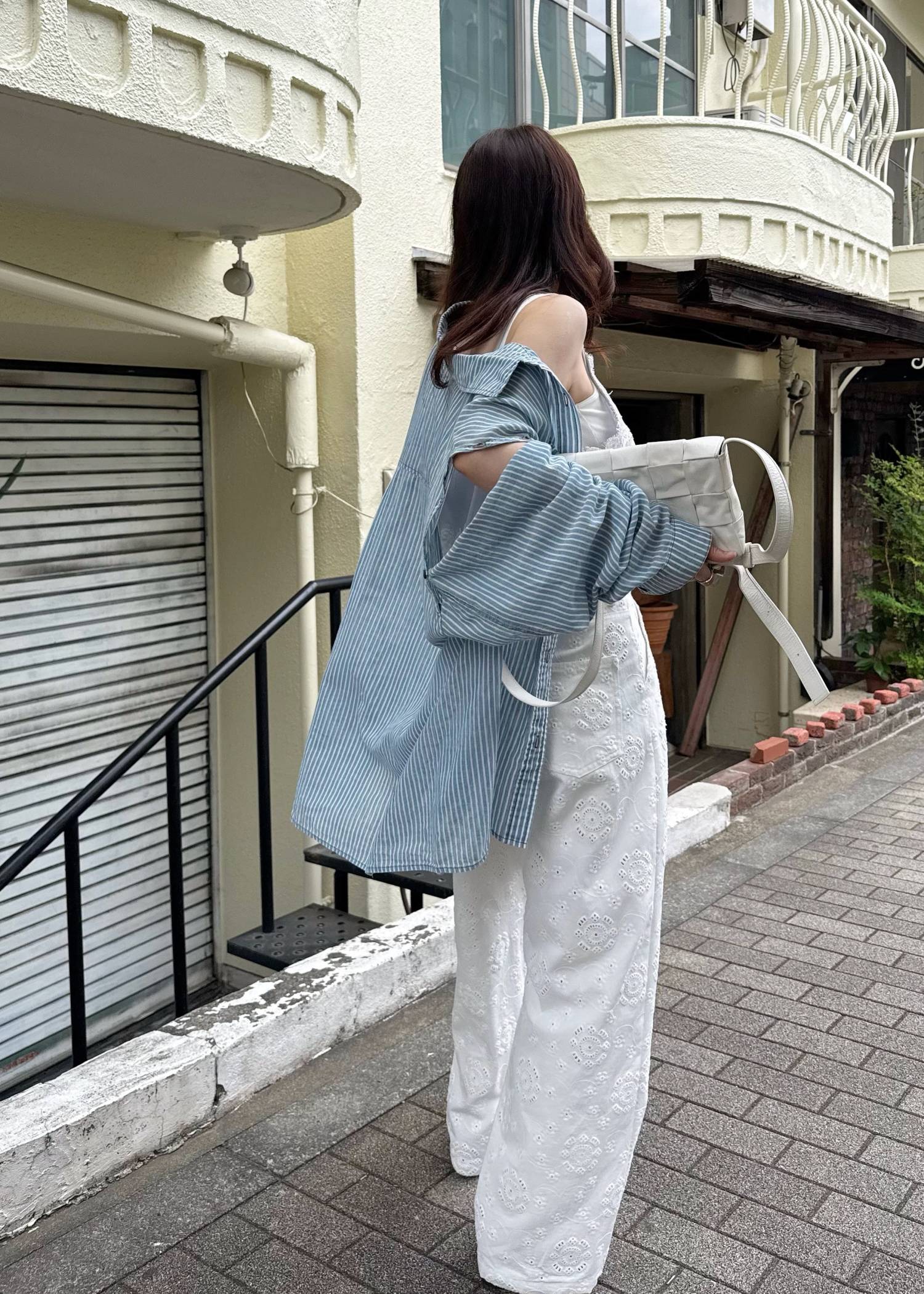 indigo gauze open shoulder oversize SH