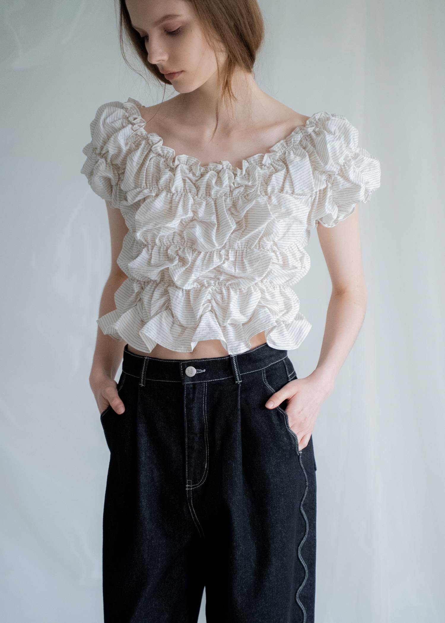 whip shirring stripe 2way tops