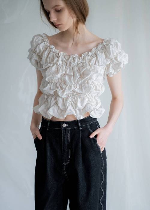 whip shirring stripe 2way tops
