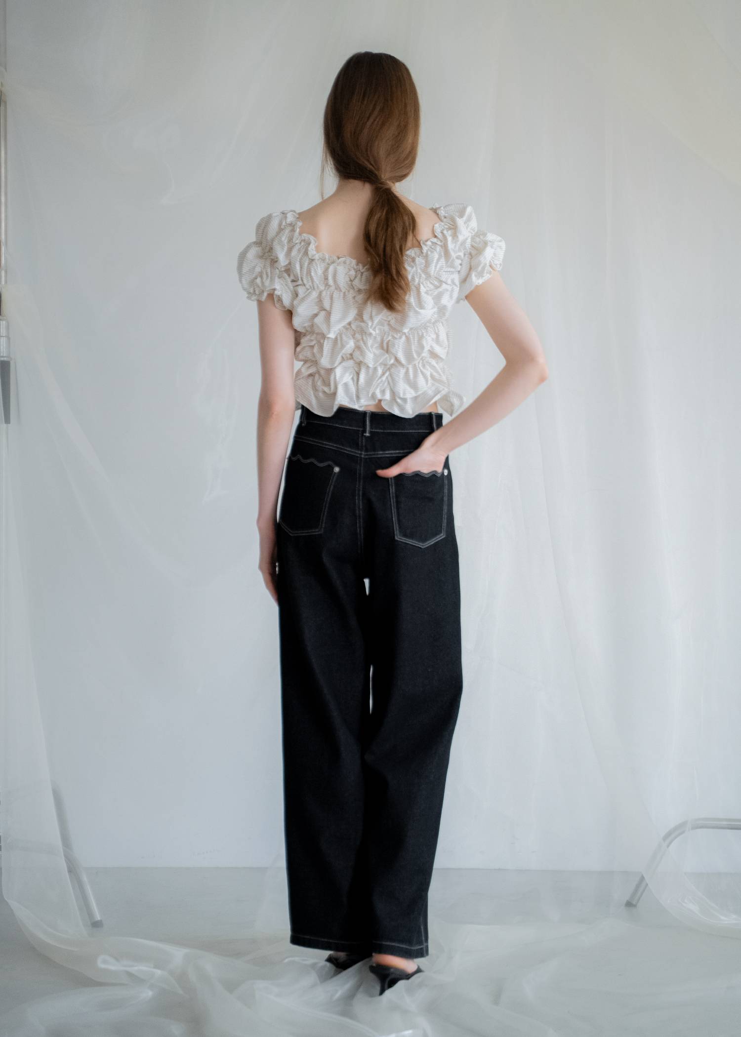 whip shirring stripe 2way tops