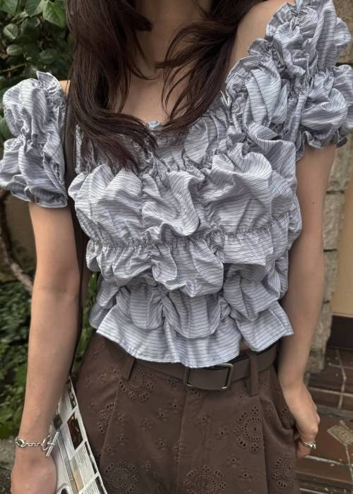 whip shirring stripe 2way tops
