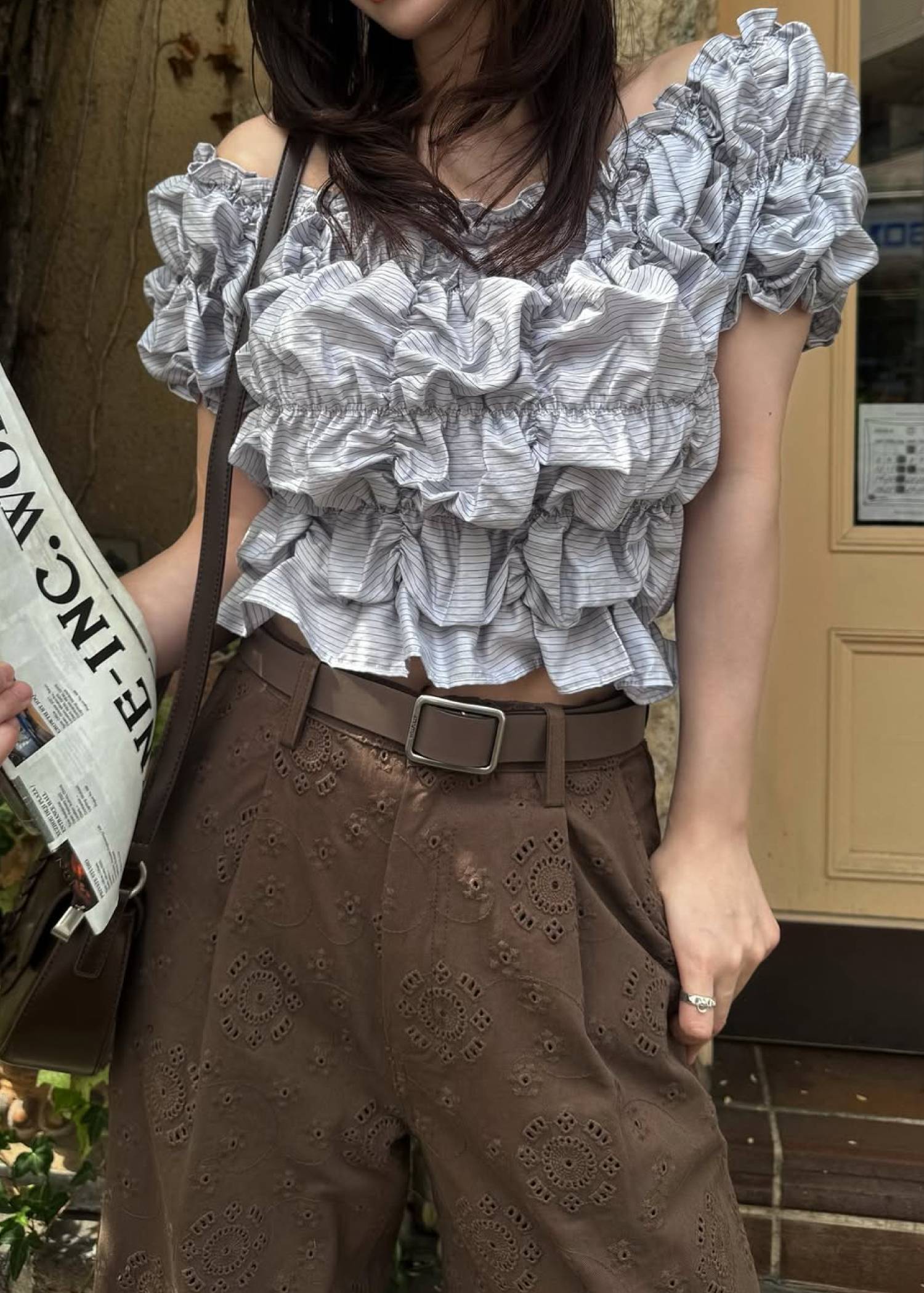 whip shirring stripe 2way tops