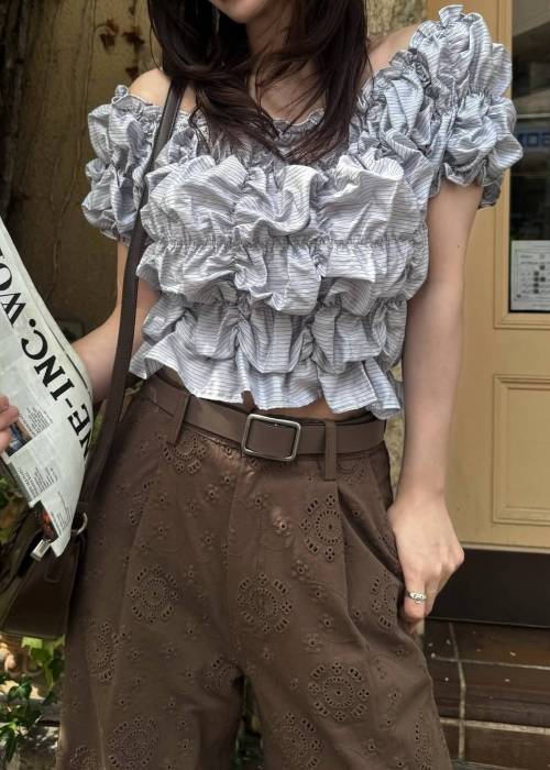 whip shirring stripe 2way tops