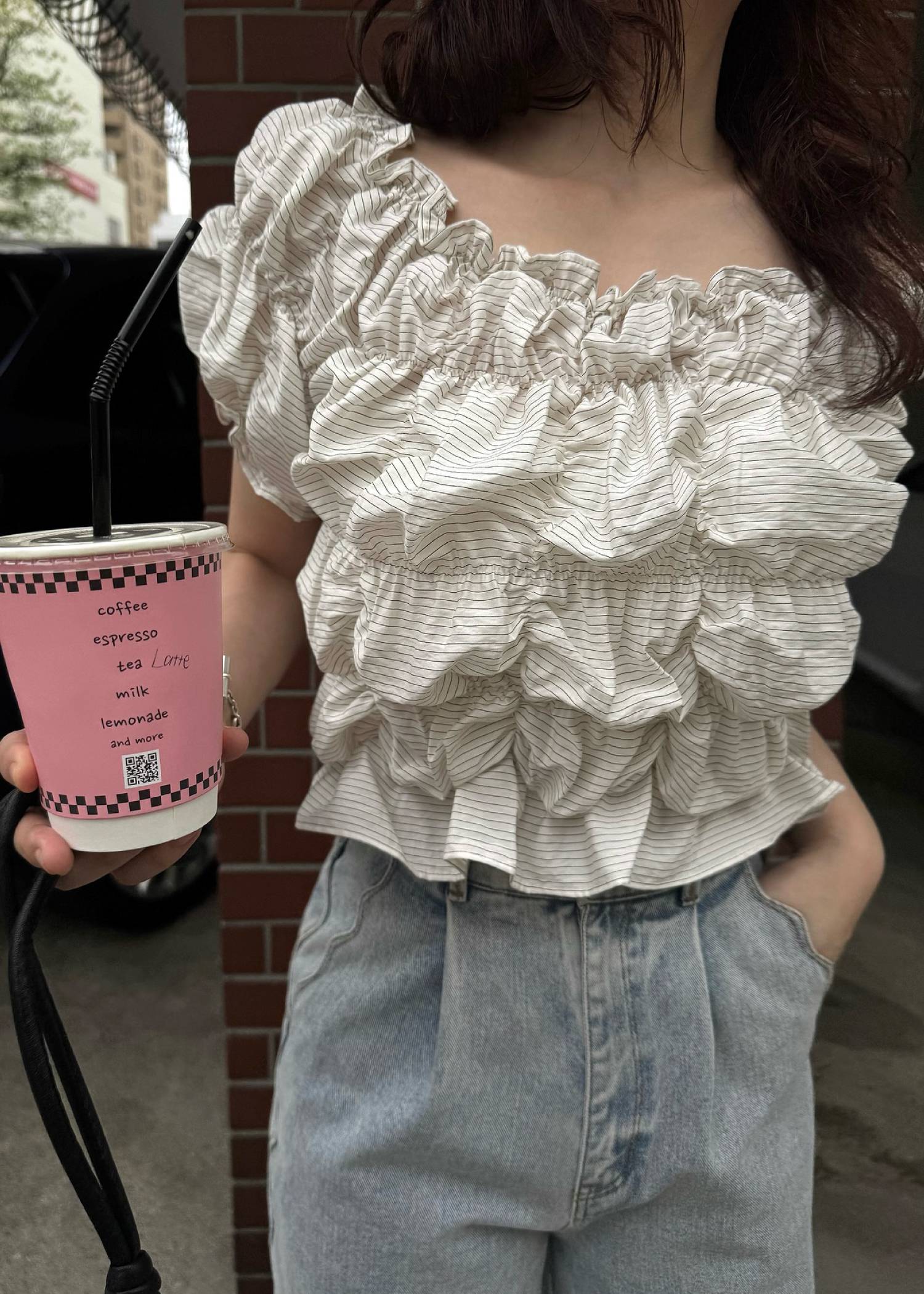 whip shirring stripe 2way tops