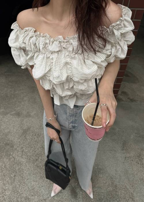 whip shirring stripe 2way tops