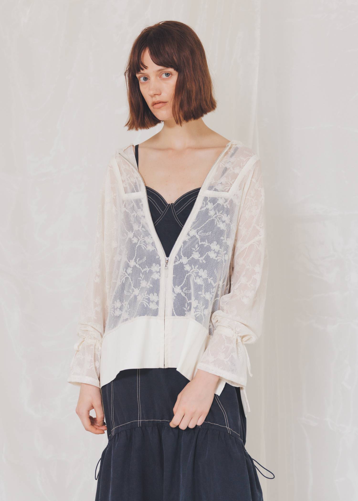sheer mesh lace trim hoodie tops