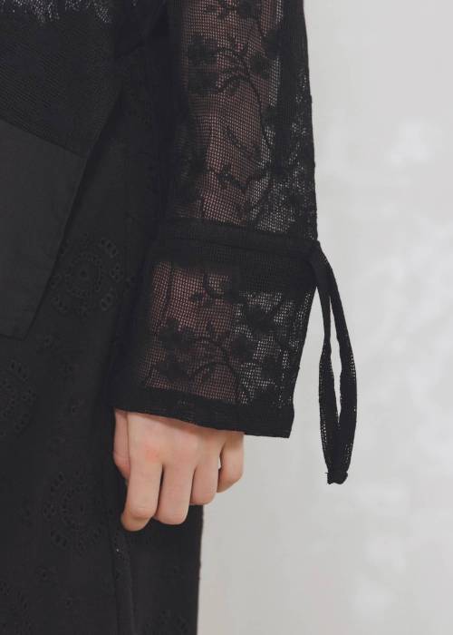 sheer mesh lace trim hoodie tops