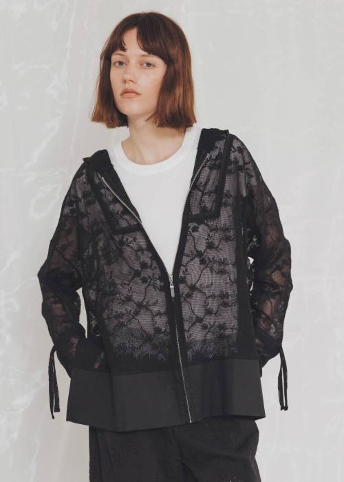 sheer mesh lace trim hoodie tops