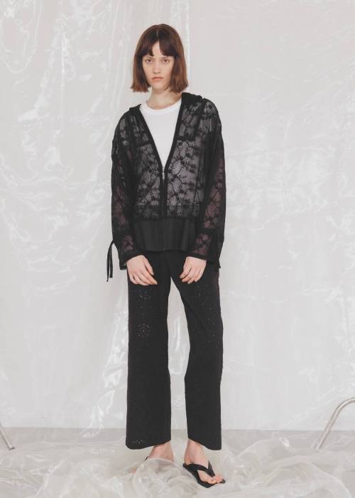 sheer mesh lace trim hoodie tops