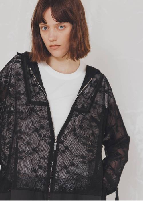 sheer mesh lace trim hoodie tops