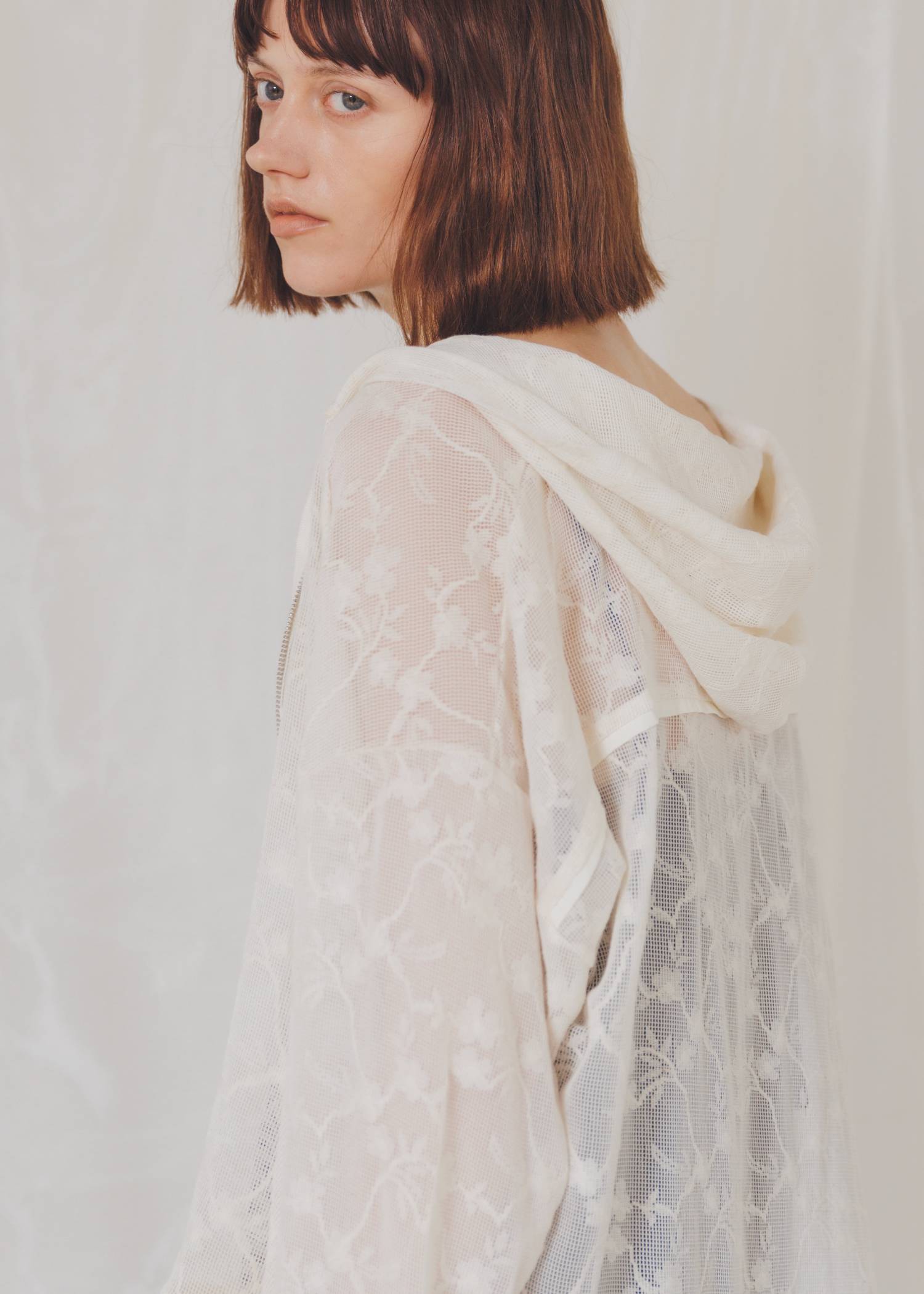 sheer mesh lace trim hoodie tops