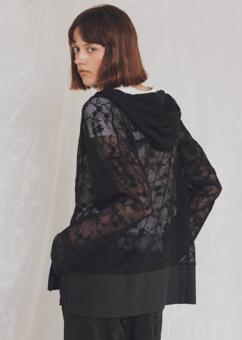 sheer mesh lace trim hoodie tops