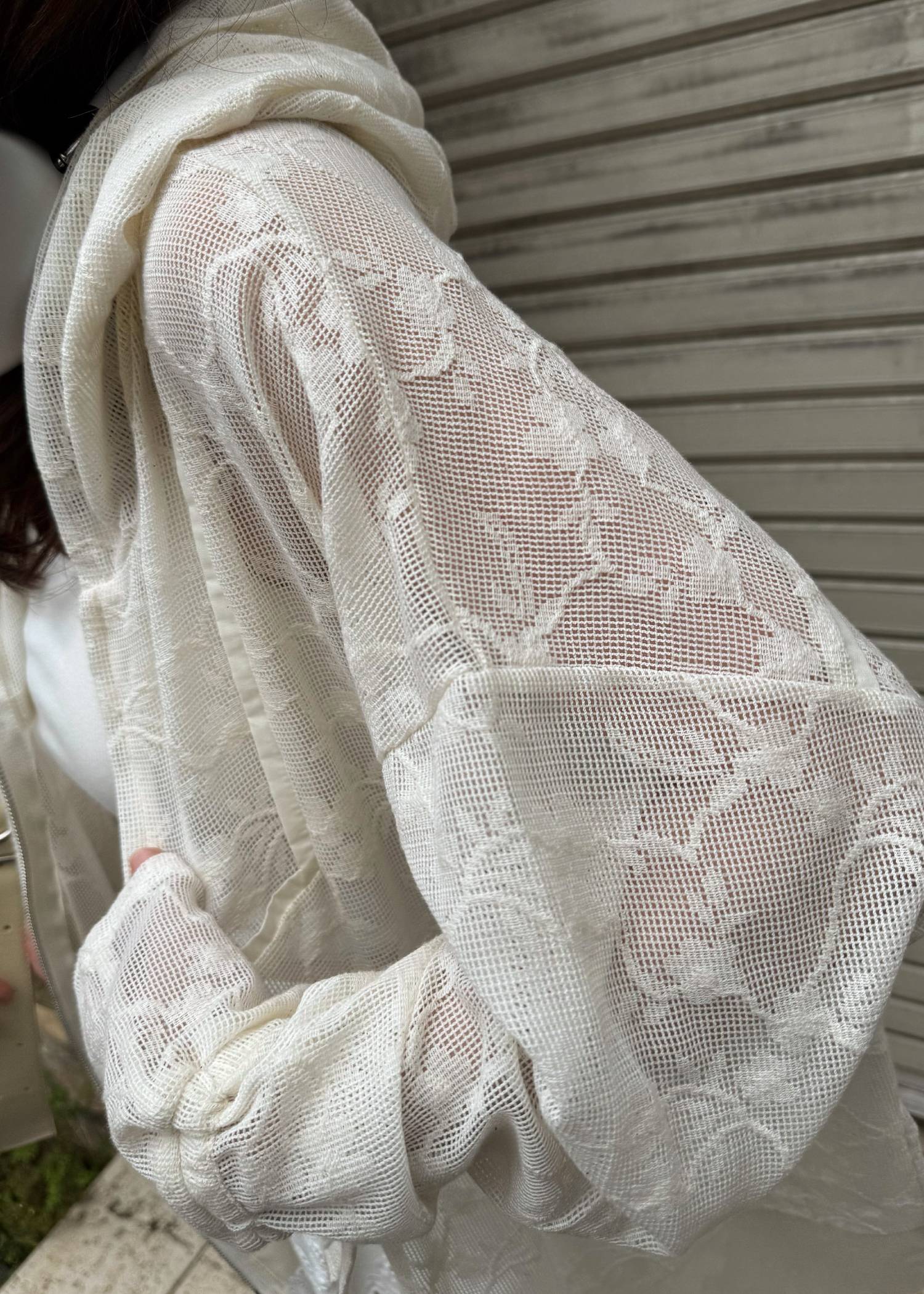 sheer mesh lace trim hoodie tops