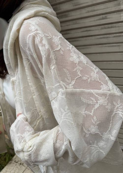 sheer mesh lace trim hoodie tops