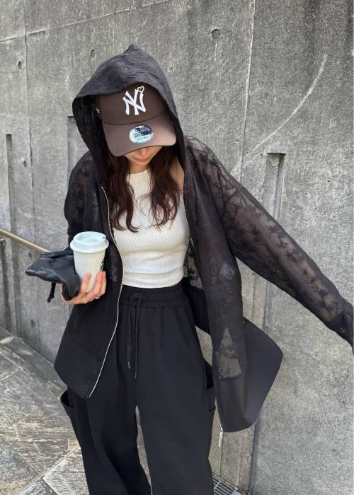sheer mesh lace trim hoodie tops