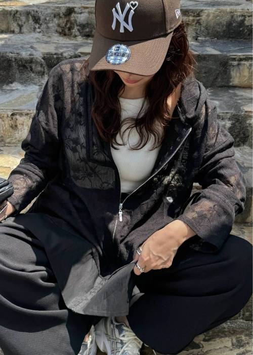 sheer mesh lace trim hoodie tops