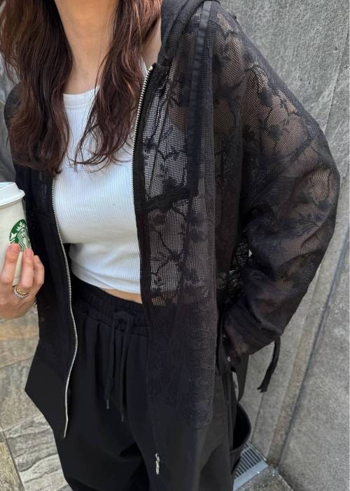 sheer mesh lace trim hoodie tops