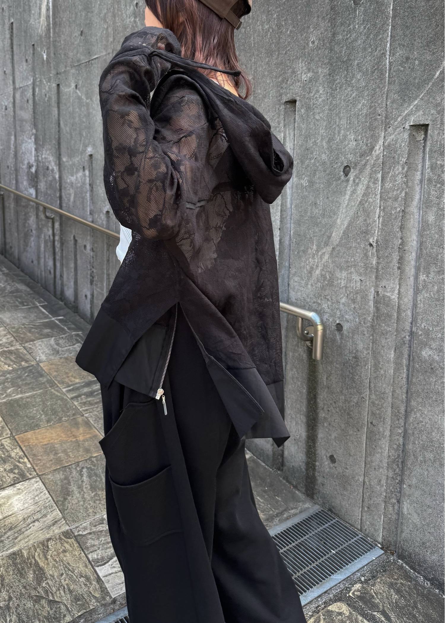 sheer mesh lace trim hoodie tops