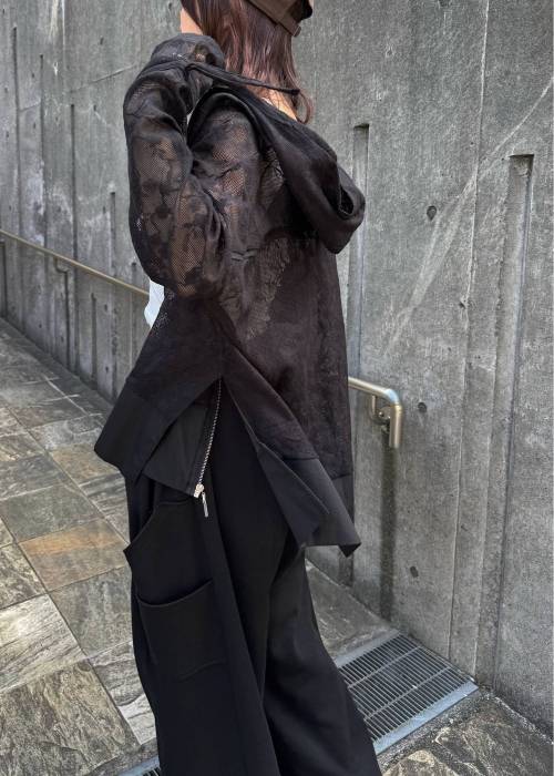 sheer mesh lace trim hoodie tops
