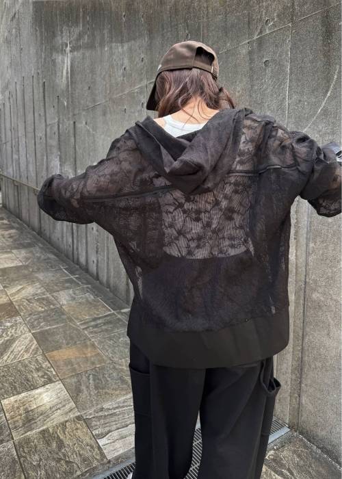 sheer mesh lace trim hoodie tops