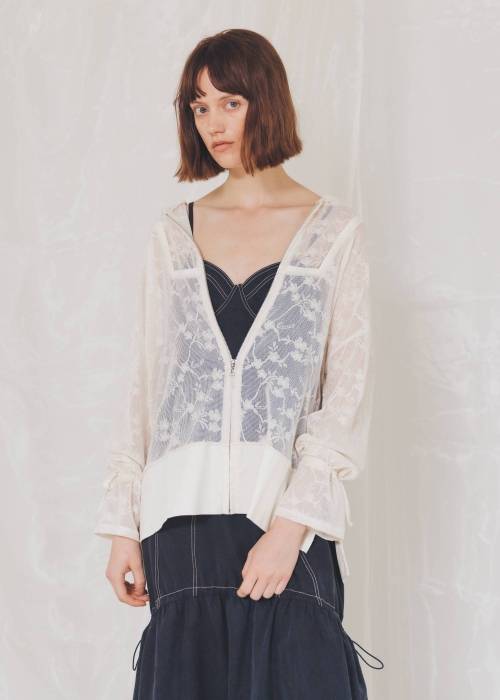 sheer mesh lace trim hoodie tops
