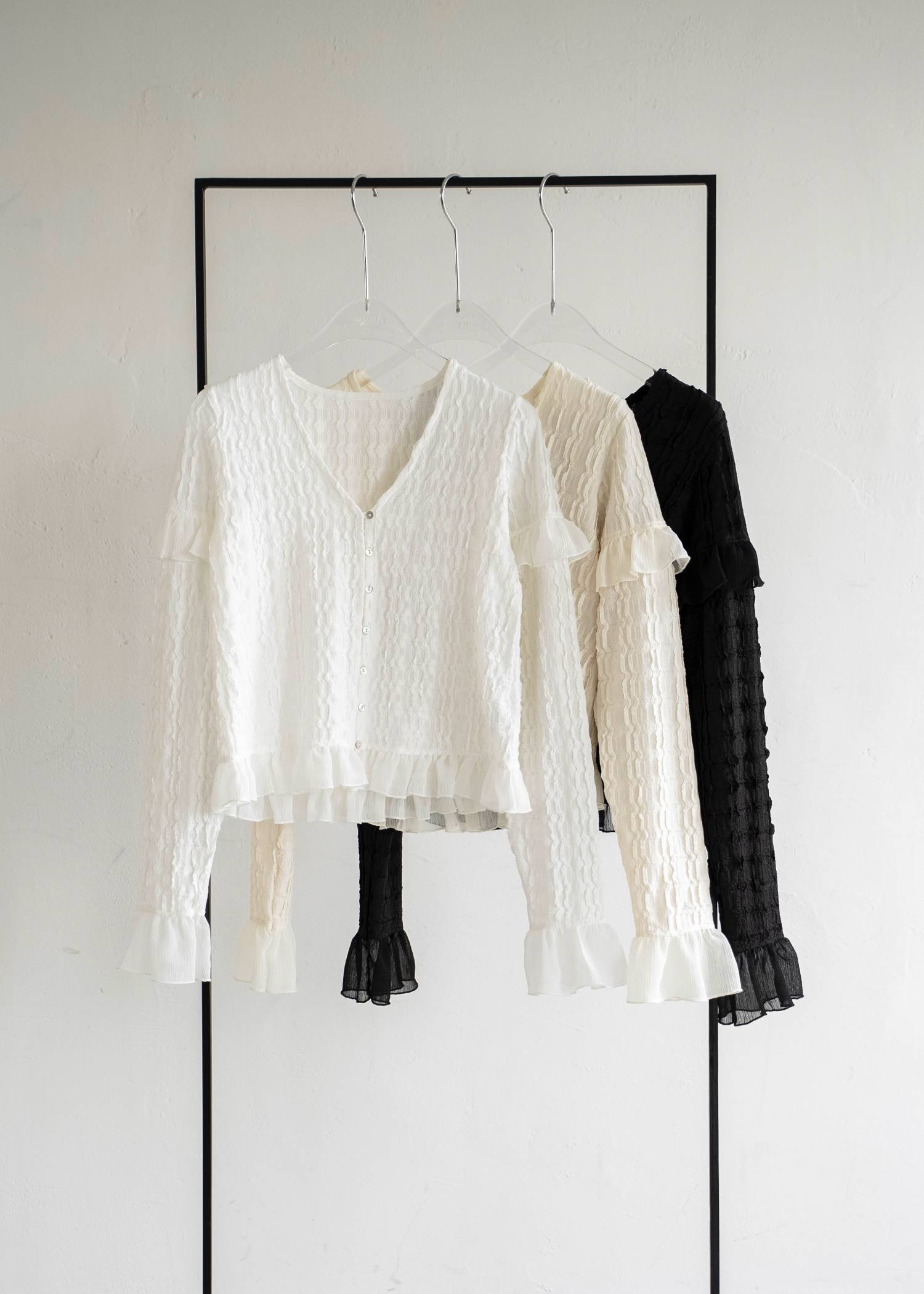 chiffon frill wave line shirring tops