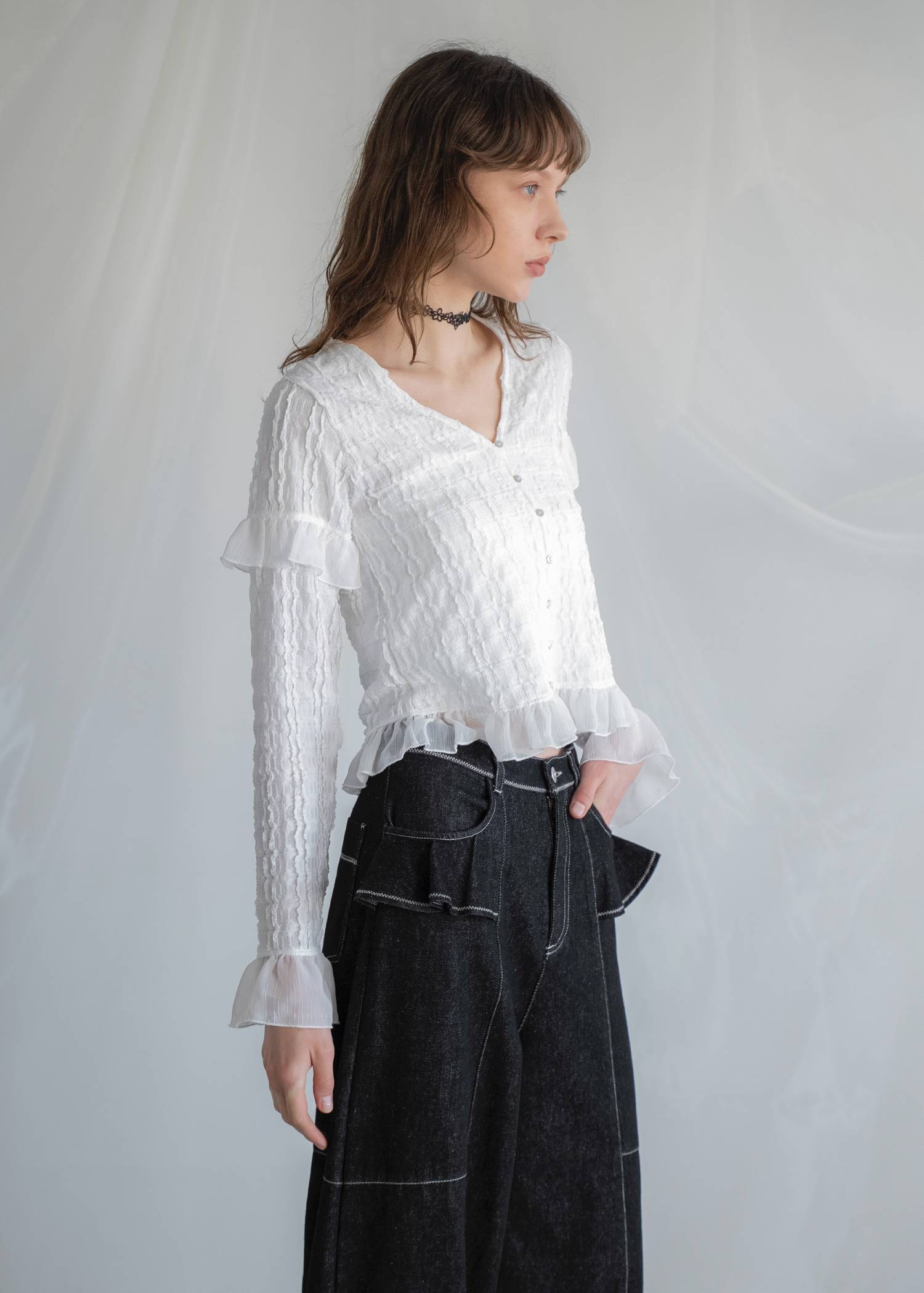 chiffon frill wave line shirring tops