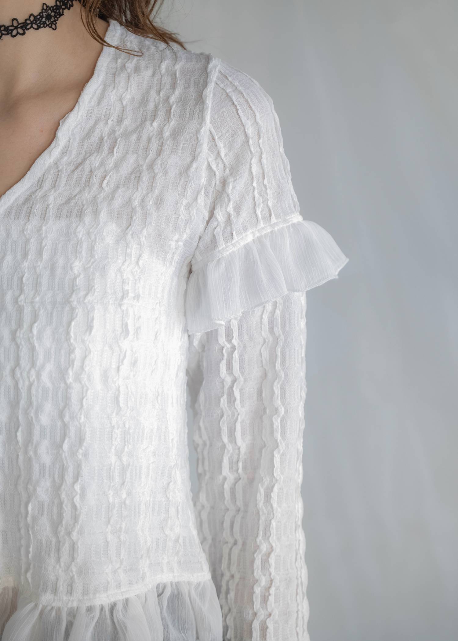 chiffon frill wave line shirring tops