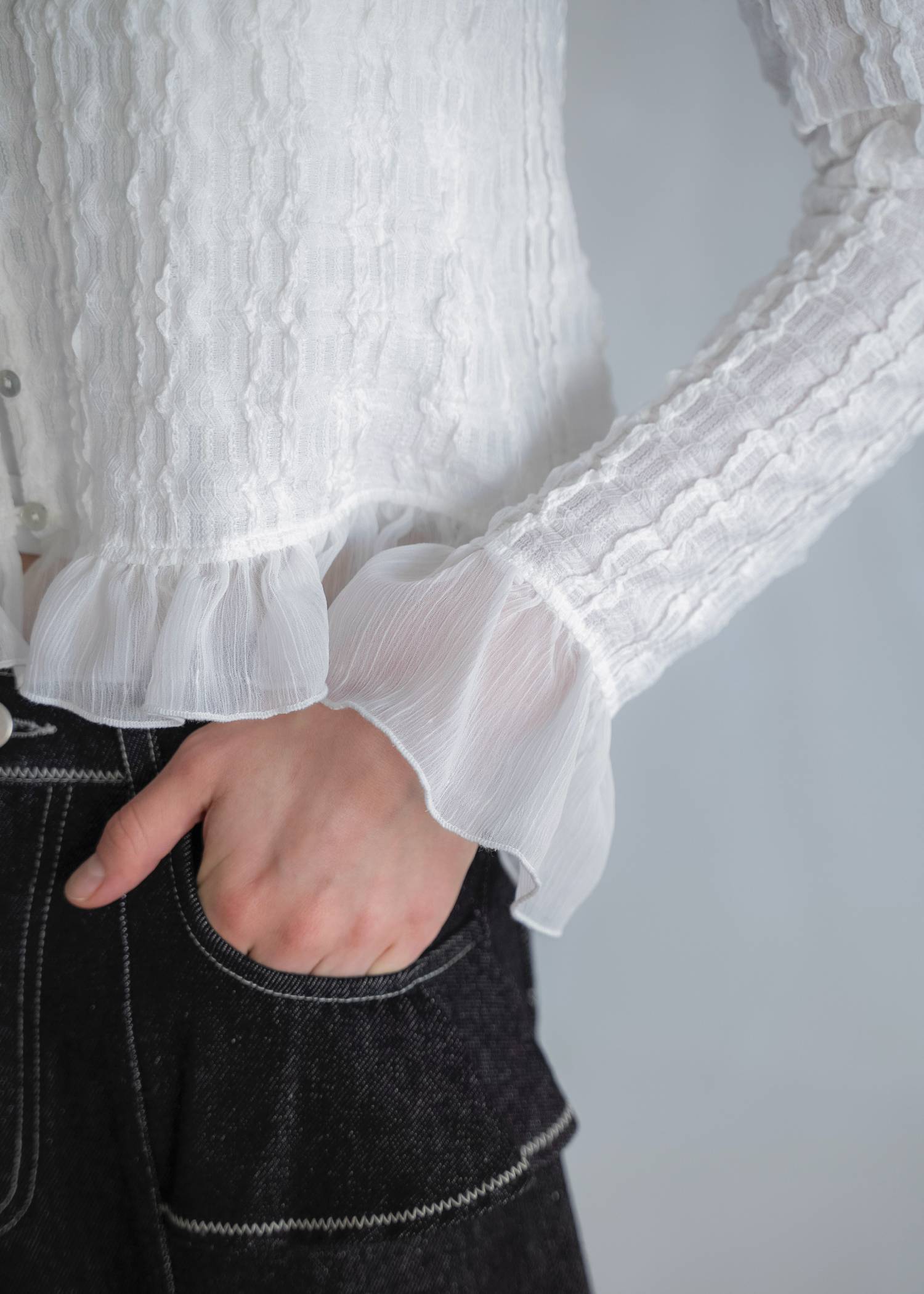 chiffon frill wave line shirring tops